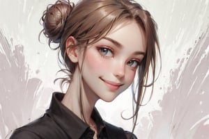 A smiling woman with bun hair