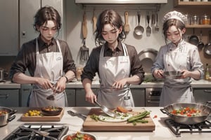 A group of people gathered in a modern kitchen, learning to cook from a chef. They are all wearing aprons, holding cooking utensils, and concentrating on different tasks like chopping vegetables, stirring pots, and following instructions. The chef stands at the front, demonstrating a cooking technique, while the group follows along enthusiastically. The kitchen is bright and well-equipped, with ingredients and cooking tools spread across the countertops.