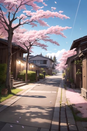 {masterpiece}}}, {{{best quality}}}, {{{ultra-detailed}}}, {cinematic lighting}, {illustration}, No person, Alley with cherry blossom trees, petals scattered on the ground