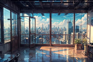(((Masterpiece))),(((Best quality))),((Super-detailed)),(Best illustration),(Best shading),((Extremely Exquisite and beautiful)), window, Exterior cityscape with tall buildings, No People