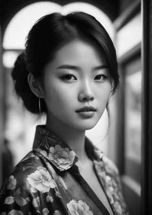 Beautiful young Chinese urban girl, (epic composition of surreal scenes of women's daily life) Camera: Hasselblad 500CM medium format camera. Technology: Gelatin silver printing technology. Subject: Surrealism, highly detailed painterly photorealism in the style of Hironymus Bosh, Max Erns and Andre Blerton. Genre: Surreal photography captures the essence of vivid, soulful creation. Mood: This photo exudes energy, improvisation and expressive surrealism. Composition: Epic composition, taken from surreal and crazy scenes of women’s daily lives. Technology: (Gelatin Silver printing process enhances tonal range and contrast, giving photos a classic and timeless beauty). Location: The portraits were taken in dimly lit locations, creating an intimate and atmospheric atmosphere. Details: This image shows a woman's passion for everyday life. The Hasselblad 500CM medium format camera delivers exceptional detail and image quality, capturing the complex textures of clothing and women's facial expressions. The gelatin silver printing technique adds depth and richness to the black and white tones, adding visual impact while retaining the traditional aesthetics of the time. This portrait pays homage to the Surrealist artists of the time. ,realism,m4d4m,girl