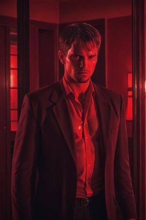 A handsome male detective, seen through a glass mirror, enveloped in red light and a Crimson Wash, exuding Turbulent Serenity, directed towards a Vanishing Point, bare chest, injured, bleeding, indoors, optic illusion, scene from psycho thriller movie  --style raw ,kyle_hyde