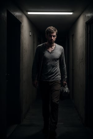 1 man, portrait photograph, thin, stubble, hazel eyes, lost in endless apartment corridor, looking for a way out, paradox, neverending nightmare, 
shadows, in the dark, melancholy, depression, sad, worried expression,  cinematic lighting