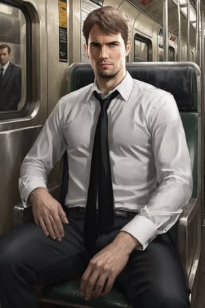 full body portrait, handsome detective, photorealistic, white collared shirt, black tie, sitting on a subway, looking at viewer, legs spread, solo,no other person is visible, kyle_hyde