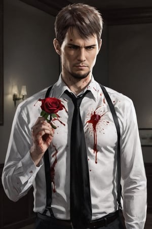 full body portrait, handsome detective, photorealistic, white collared shirt, black tie, standing, thinking expression, looking intently at a rose with blood splatter on it, solo,kyle_hyde