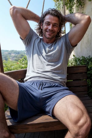 1man, mature man, 40 yo, full view, lean, stubble, smile, sweat shorts, t-shirt, lying on his back, on wood swing, leg up, hand behind head, looking at viewer, smile, terrace, sunny, cozy, wholesome, comfy