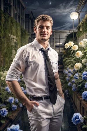 (1 image only), solo male,Kyle Hyde, detective, depict an image of a man who looks like "Kyle Hyde" waiting for a secret romantic date on a roof garden of blue roses during nighttime, standing under a rose arch, a lot of blue flowers (roses) in the background, city lights in the background, white collared shirt and black necktie, a beautiful blue rose in his shirt's breastpocket, mature, manly, masculine,  confidence, charming, alluring, romantic, mischievous smile, looking at viewer, perfect anatomy, perfect proportions, 8k, HQ, (best quality:1.5, hyperrealistic:1.5, photorealistic:1.4, madly detailed CG unity 8k wallpaper:1.5, masterpiece:1.3, madly detailed photo:1.2), (hyper-realistic lifelike texture:1.4, realistic eyes:1.2), picture-perfect face, perfect eye pupil, detailed eyes, perfecteyes, mature, 40 years old, outside, nighttime, starry sky in the background, moon shines above, in a garden of blue roses, roof garden, kyle_hyde,Glass flower room