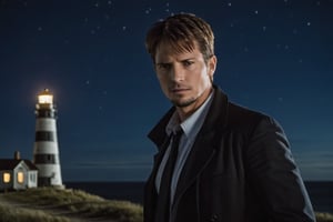A handsome male detective, scene from detective movie, x files, conspiracy theory, starry sky, lighthouse in the background --style raw ,kyle_hyde