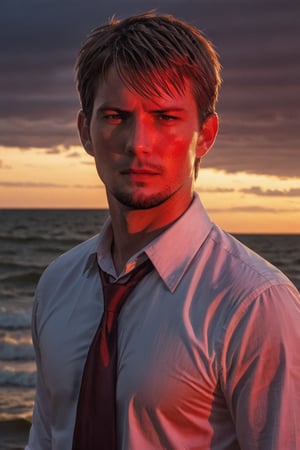 A handsome male detective, enveloped in Sunset Drama and a Crimson Wash, exuding Turbulent Serenity, directed towards a Vanishing Point, all under the Storm’s Breath, wet white collared shirt --style raw ,kyle_hyde