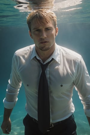 A handsome male detective, open white collared shirt, necktie, bare chest, full body, underwater shot, underwatter, sinking underwater in a lake, looking up, sun shines through the water, erotic, homoerotic --style raw ,kyle_hyde,Movie Still