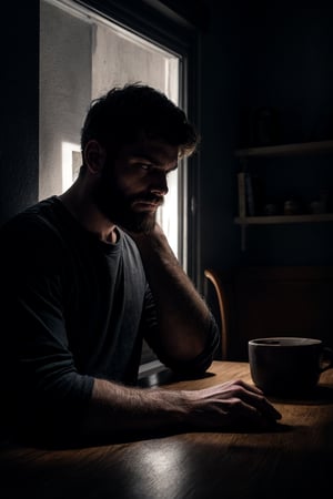 1 man, thin, beard, sitting across the table, dark room, small apartment, darkness, shadows, window, night, small light on table, sad, front view, looking at viewer, hands on table, melancholic, depression