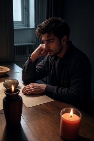 1 man, thin, stubble, sitting across the table, accross the table from viewer, pov, front view, facing viewer, looking at viewer, hazel eyes, hands on table, dark room, small apartment, withered flower in vase, window with view of night, night, rain, shadows, in the dark, melancholy, depression, sad, hopeful, worried expression, candle light, cinematic lighting