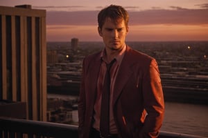 A handsome male detective, enveloped in Sunset Drama and a Crimson Wash, exuding Turbulent Serenity, directed towards a Vanishing Point, collared shirt, wet body, romantic, scene from detective movie, city lights in background --style raw ,kyle_hyde