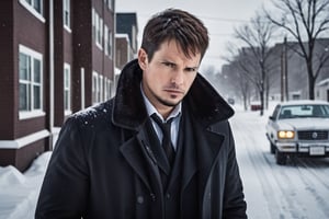 A handsome male detective, scene from detective movie, arctic, winter clothes, investigating crime scene, blood in snow --style raw ,kyle_hyde