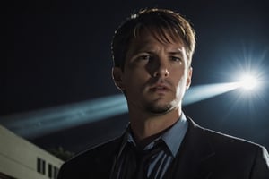 A handsome male detective, scene from detective movie, looking up towards the sky, x files, a lightbeam from the sky illuminates him --style raw ,kyle_hyde