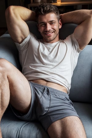 1man, mature man, 40 yo, full view, lean, stubble, smile, sweat shorts, t-shirt, lying on his back, on couch, leg up, hand behind head, looking at viewer, smile, apartment, sunny, cozy, wholesome, romantic, comfy
