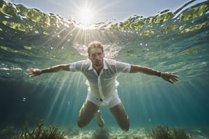 handsome man floating underwater, full body, collared shirt, white trunks, bulge, bulge in focus, clothes floating underwater, spread legs, sun shines through the water, algae, air bubbles, homoerotic, hiperrealistic, eerie, dreamy, mysterious, distortion water effect, cinematic, kyle_hyde, Movie Still