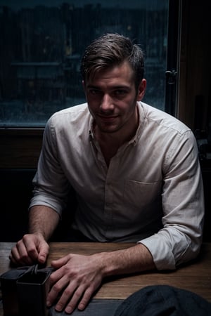 1 man, thin, stubble, sitting across the table, accross the table from viewer, pov, front view, facing viewer, looking at viewer, hazel eyes, hands on table, dark room, small apartment, withered flower, window with view of night, rain, shadows, in the dark, melancholy, depression, sad smile, hope, cinematic lighting