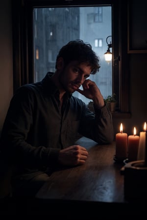 1 man, thin, stubble, sitting across the table, accross the table from viewer, pov, front view, facing viewer, looking at viewer, hazel eyes, hands on table, dark room, small apartment, withered flower, window with view of night, night, rain, shadows, in the dark, melancholy, depression, sadness, hope, candle light, cinematic lighting