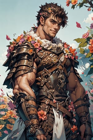 flower4rmor, flower barbarian armor, front view image of "Guts" from Berserk wearing flower barbarian armor, in a fantasy medieval garden background during a sunny summer day, resting in the shadow of a large tree, short hair, crown of flowers in his hair,  flower petals in the wind, facing the viewer, turned towards the viewer, happy expression, smiling at the viewer, expressive brown eyes, harness, bare chest, very hairy chest, realistic, masterpiece, high quality, intricate details, detailed background, depth of field, mature, 40 years old, detailed face, Pectoral Focus,hairy