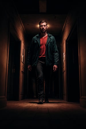 Hyperrealistic photograph of a handsome man, 35 years old, average body, short hair, serious, Straight hair, Very light and big green eyes, Flaxen, Dark hair, trapped in an unending maze, Optical illusions, Paradoxical Space, impossible space, The man wears a light brown jacket, Eerie red light, neverending nightmare, on the edge of sanity, The image portrays a myserious and eerie feeling, worried expression, lost in backrooms, liminal space, open door on the ceiling
