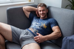 1man, mature man, 40 yo, full view, lean, stubble, smile, (sweat shorts), t-shirt, lying on his back, on couch, leg up, looking at viewer, smirk, apartment, sunny, cozy, wholesome, comfy
