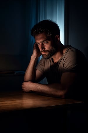1 man, thin, beard, sitting across the table, dark room, small apartment, darkness, shadows, window, night, small light on table, sad, front view, facing viewer, looking at viewer, hands on table, melancholic, depression