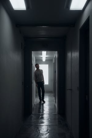 1 man, photograph, face portrait, thin, stubble, hazel eyes, detailed face, lost in endless corridor with no doors or windows, white walls, maze, looking for a way out, paradoxical space, backrooms, neverending nightmare, looking at viewer,
shadows, in the dark, melancholy, depression, sad, worried expression,  cinematic lighting