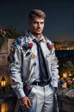 (1 image only), solo male,Kyle Hyde, detective, depict an image of a man who looks like "Kyle Hyde" waiting for a secret romantic date on a roof garden of blue roses during nighttime, standing under a rose arch, a lot of blue flowers (roses) in the background, city lights in the background, white collared shirt and black necktie, a beautiful blue rose in his shirt's breastpocket, mature, manly, masculine,  confidence, charming, alluring, romantic, mischievous smile, looking at viewer, perfect anatomy, perfect proportions, 8k, HQ, (best quality:1.5, hyperrealistic:1.5, photorealistic:1.4, madly detailed CG unity 8k wallpaper:1.5, masterpiece:1.3, madly detailed photo:1.2), (hyper-realistic lifelike texture:1.4, realistic eyes:1.2), picture-perfect face, perfect eye pupil, detailed eyes, perfecteyes, mature, 40 years old, outside, nighttime, starry sky in the background, moon shines above, in a garden of blue roses, roof garden, flower4rmor,kyle_hyde
