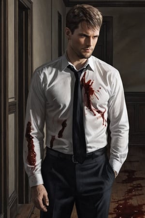 full body portrait, handsome detective, photorealistic, white collared shirt, black tie, solo, scene from a detective movie, investigating, looking down at a bloodstain on the floor, thinking expression, kyle_hyde