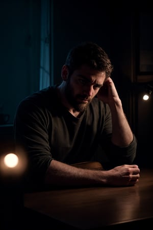 1 man, thin, beard, sitting across the table, dark room, small apartment, darkness, shadows, window, night, small light on table, sad, hopeful, front view, facing viewer, looking at viewer, holding hands across the table, melancholic, depression, cinematic lighting
