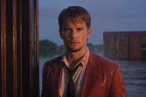 A handsome male detective through a water-splashed window, enveloped in Sunset Drama and a Crimson Wash, exuding Turbulent Serenity, directed towards a Vanishing Point, all under the Storm’s Breath, wet white collared shirt --style raw ,kyle_hyde
