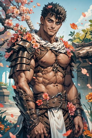 flower4rmor, flower barbarian armor, front view image of "Guts" from Berserk wearing flower barbarian armor, in a fantasy medieval garden background during a sunny summer day, resting in the shade of a large tree, flower petals in the wind, facing the viewer, turned towards the viewer, happy expression, smiling at the viewer, hazel eyes, harness, bare chest, hairy chest, realistic, masterpiece, high quality, intricate details, detailed background, depth of field, mature, 40 years old, detailed face, Pectoral Focus