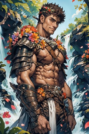 flower4rmor, flower barbarian armor, front view image of "Guts" from Berserk wearing flower barbarian armor, in a fantastic glade with many wildflowers, next to a waterfall, sunny summer day, bare chest, very hairy chest, pectoral muscles, short hair, flower crown on his head, flower petals in the wind, facing the viewer, turned towards the viewer, dynamic pose, happy expression, smiling at the viewer, expressive brown eyes, harness, realistic, masterpiece, high quality, intricate details, detailed background, depth of field, mature, 40 years old, detailed face, Pectoral Focus