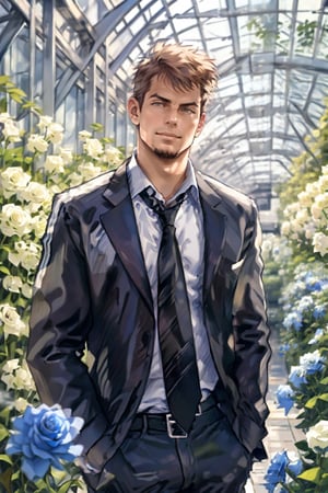 (1 image only), solo male,Kyle Hyde, detective, depict an image of a man who looks like "Kyle Hyde" waiting for a secret romantic date on a roof garden of blue roses during nighttime, standing under a rose arch, a lot of blue flowers (roses) in the background, city lights in the background, white collared shirt and black necktie, a beautiful blue rose in his shirt's breastpocket, mature, manly, masculine,  confidence, charming, alluring, romantic, mischievous smile, looking at viewer, perfect anatomy, perfect proportions, 8k, HQ, (best quality:1.5, hyperrealistic:1.5, photorealistic:1.4, madly detailed CG unity 8k wallpaper:1.5, masterpiece:1.3, madly detailed photo:1.2), (hyper-realistic lifelike texture:1.4, realistic eyes:1.2), picture-perfect face, perfect eye pupil, detailed eyes, perfecteyes, mature, 40 years old, outside, nighttime, starry sky in the background, moon shines above, in a garden of blue roses, roof garden, kyle_hyde,Glass flower room
