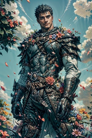 1 man, mature, beefy, muscular, 40 years old, (4k), (masterpiece), (best quality),(extremely intricate), (realistic), (sharp focus), (cinematic lighting), (extremely detailed),

A mature man who looks like "Guts" from Berserk wearing an armor adorned with flowers, standing in a garden of flowers during a sunny summer day. His hair is adorned with flowers. He has a happy expression and is smiling at the viewer. He is cooling off in the shade of a large tree.

, flower petals falling in the wind, many flowers surronding him, flower4rmor, flower bodysuit,Flower, 