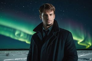 A handsome male detective, scene from detective movie, arctic, winter clothes, investigating crime scene, aurora borealis in the sky, night sky --style raw ,kyle_hyde