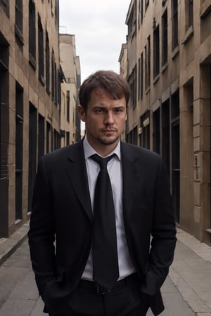 kyle_hyde, image of Kyle Hyde walking in a dark alley during the night, detective, formal attire, white shirt, black tie, brown hair, 1man, jacket, white shirt, full body, male focus, necktie, collared shirt, formal, suit, black necktie, Handsome man, hands in pocket, good quality, simple background,photorealistic