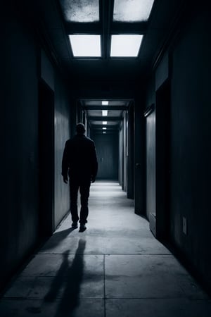 1 man, shadowy outline of man, thin, lost in endless apartment corridor, maze, impossible space, looking for a way out, paradoxical space, neverending nightmare, 
shadows, in the dark, melancholy, depression, sad, cinematic lighting
