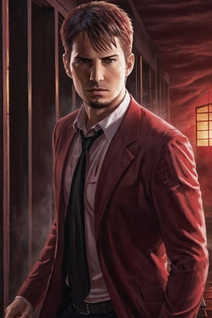 A handsome male detective, enveloped in scarlet light and Crimson Wash, white collared shirt, chasing the killer, acion scene, dynamic pose, scene from thriller movie --style raw ,kyle_hyde