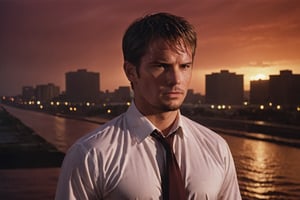 A handsome male detective, enveloped in Sunset Drama and a Crimson Wash, exuding Turbulent Serenity, directed towards a Vanishing Point, all under the Storm’s Breath, wet white collared shirt, wet body, romantic, scene from detective movie, city lights in background --style raw ,kyle_hyde