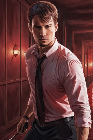 A handsome male detective, enveloped in scarlet light and Crimson Wash, white collared shirt, chasing the killer, action scene, dynamic pose, scene from thriller movie --style raw ,kyle_hyde