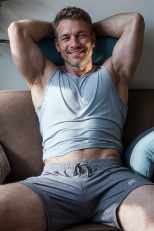 1man, mature man, 40 yo, full view, lean, stubble, smile, sweat shorts, t-shirt, lying on his back, on couch, leg up, hand behind head, armpit, looking at viewer, smile, apartment, sunny, cozy, wholesome, romantic, comfy
