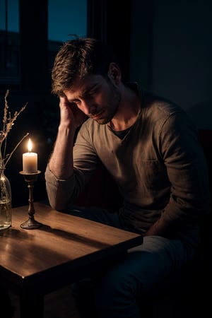 1 man, thin, stubble, sitting across the table from the viewer, front view, facing viewer, looking at viewer, reaching with his hands across the table, dark room, small apartment, darkness, shadows, window, night, withered flower in vase, small light on table, sad, hopeful, worried expression, melancholic, depression, cinematic lighting