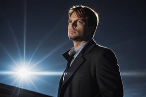 A handsome male detective, scene from detective movie, looking up towards the sky, x files, alien ship in the sky, beam of light --style raw ,kyle_hyde
