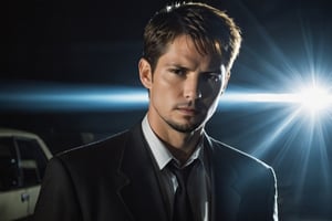 A handsome male detective, scene from detective movie, x files, conspiracy theory, alien ship in the sky, beam of light --style raw ,kyle_hyde