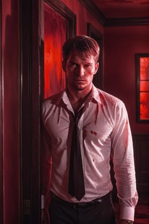 A handsome male detective, seen through a glass mirror, enveloped in red light and a Crimson Wash, exuding Turbulent Serenity, directed towards a Vanishing Point, unbuttoned white collared shirt, bare chest, injured, bleeding, red room, red eyes, panting, scene from psycho thriller movie  --style raw ,kyle_hyde
