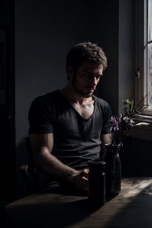 1 man, thin, stubble, pov, sitting across the table from the viewer, upper body, front view, facing viewer, looking at viewer, hands on table, dark room, small apartment, darkness, shadows, window, night, withered flower in vase, small light on table, melancholic, depression, cinematic lighting