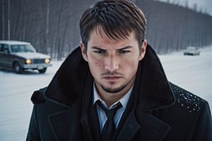 A handsome male detective, scene from detective movie, arctic, winter clothes, looking down at blood stained snow --style raw ,kyle_hyde