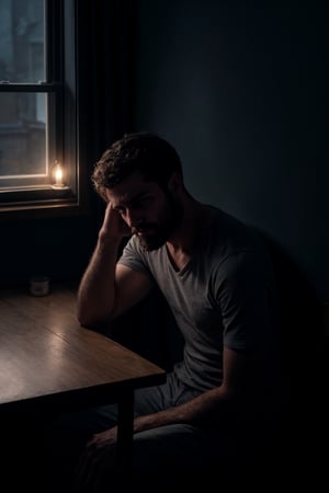 1 man, thin, beard, sitting across the table, dark room, small apartment, darkness, shadows, window, night, small light on table, sad, front view, facing viewer, looking at viewer, hands on table, melancholic, depression, cinematic lighting